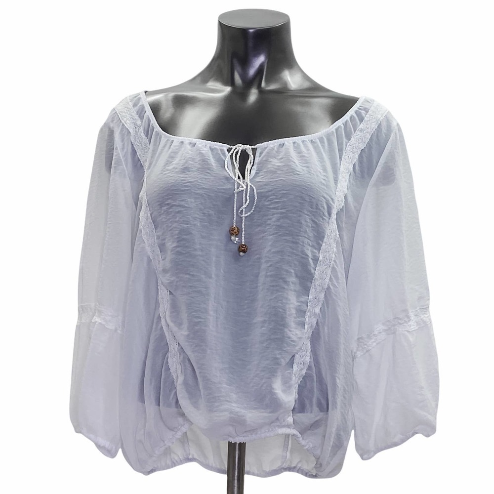OLSENBOYE White 3/4 Sleeve Tie Bust Peasant Blouse